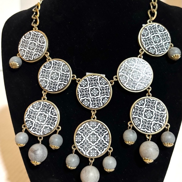 Statement Black & White Patterned Pendant Necklace with Gray
